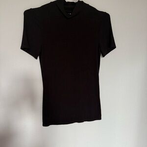 Three Dots Dark Brown Ribbed Mock Neck Short Sleeve Top Size Small
